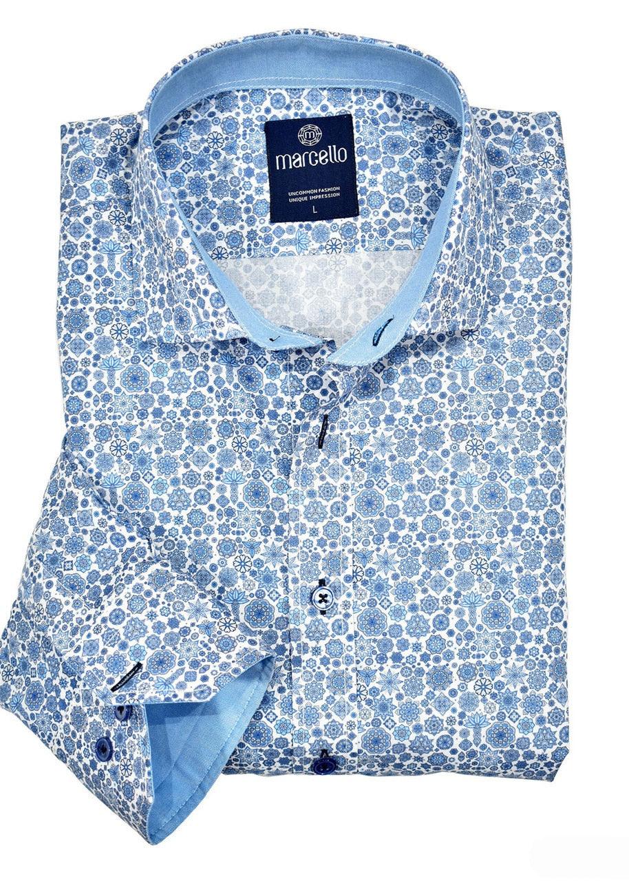 Always in style, this medallion print is perfectly paired with pants, jeans or even shorts. Classic detailing and a traditional feel can be worn any time. Medium spread collar, cotton, classic fit.  Uniquely designed traditional pattern with updated details. Classic matched trim fabric and custom buttons. 100% cotton with linen like texture. Adjustable cuffs and medium spread collar. Made in Turkey.