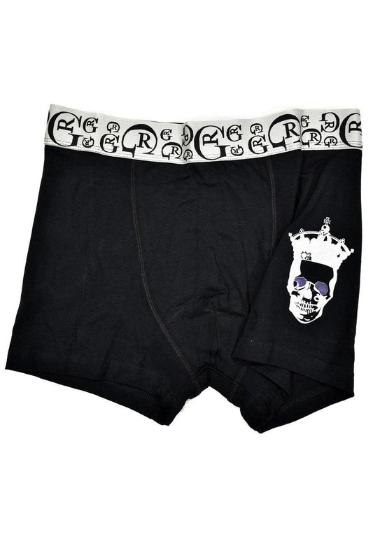 Iconic skull and crown design sits on the right thigh. Just add confidence and let the party continue! Colorfast blended cotton won't shrink or fade. Super soft peached cotton. Signature RG logo waistband.