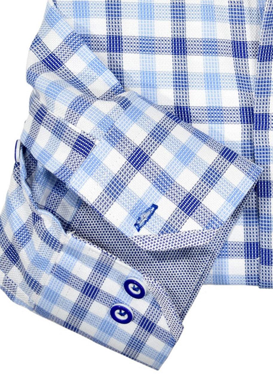 A perfect two color blue plaid on a soft textured cotton ground with matching trim and buttons. Excellent for any event, classic styling always in fashion. Medium collar, classic fit.