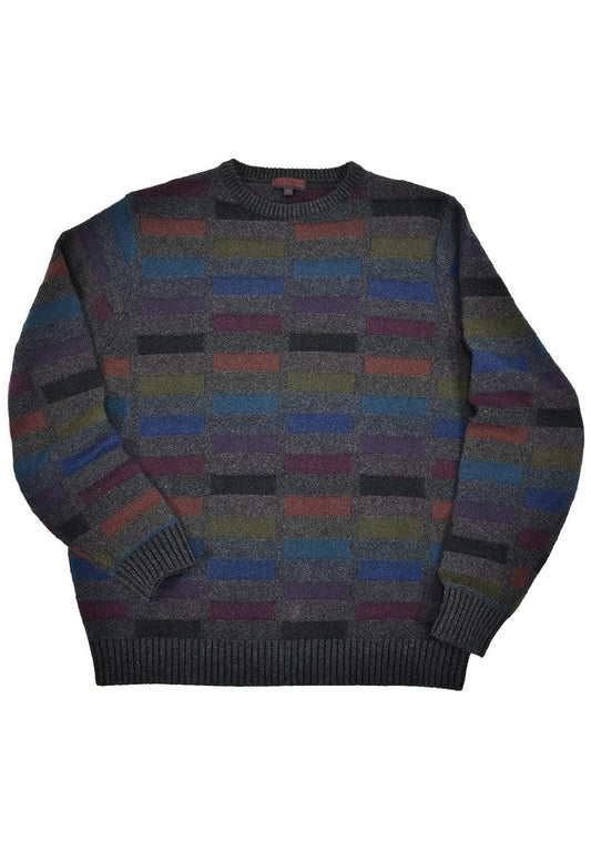 Designer Lenor Romano inspired pullover, cashmere sweater with classic color block styling. Classic charcoal tones never go out of style and subtle color blocks add distinct style. 100% cashmere, classic fit.