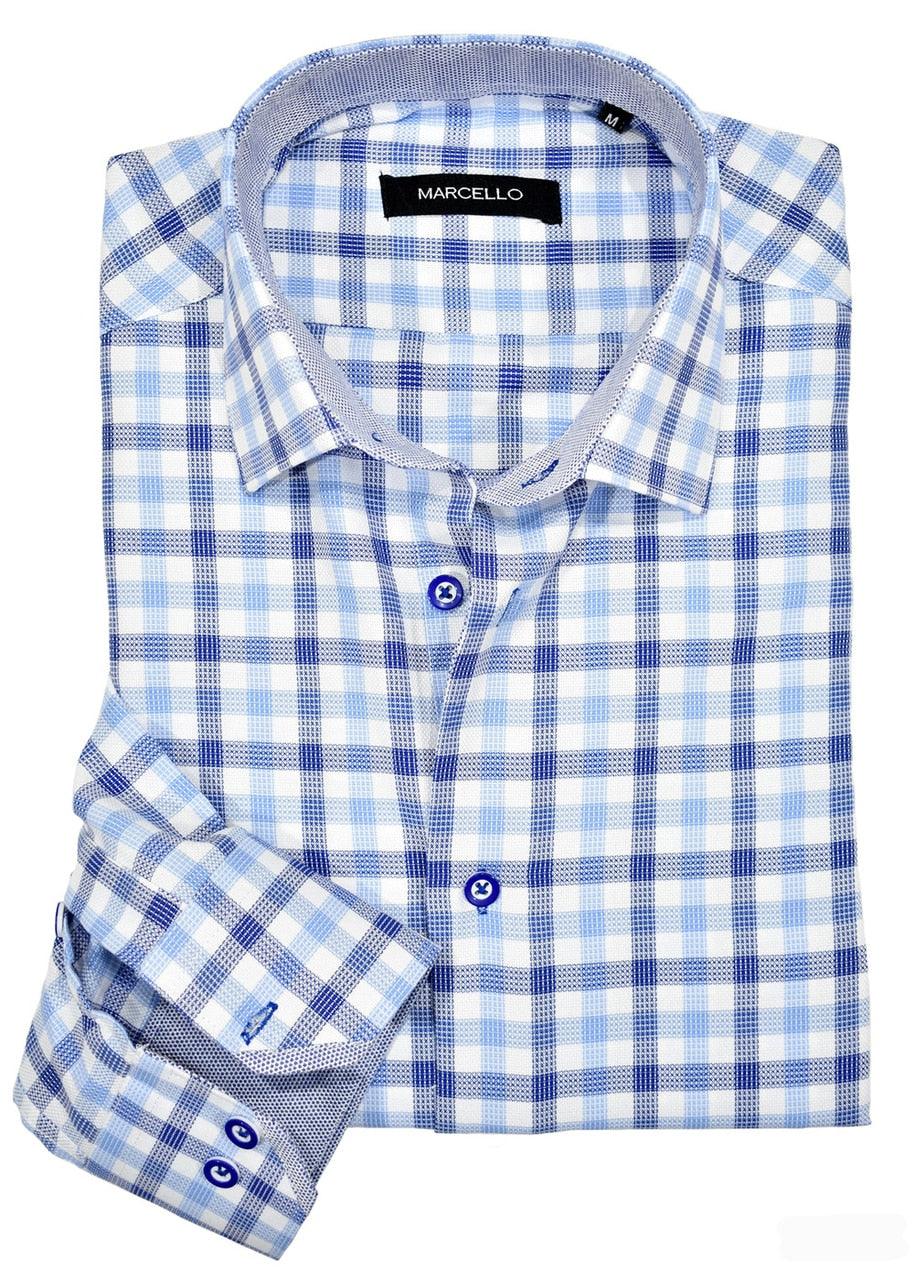 A perfect two color blue plaid on a soft textured cotton ground with matching trim and buttons. Excellent for any event, classic styling always in fashion. Medium collar, classic fit.