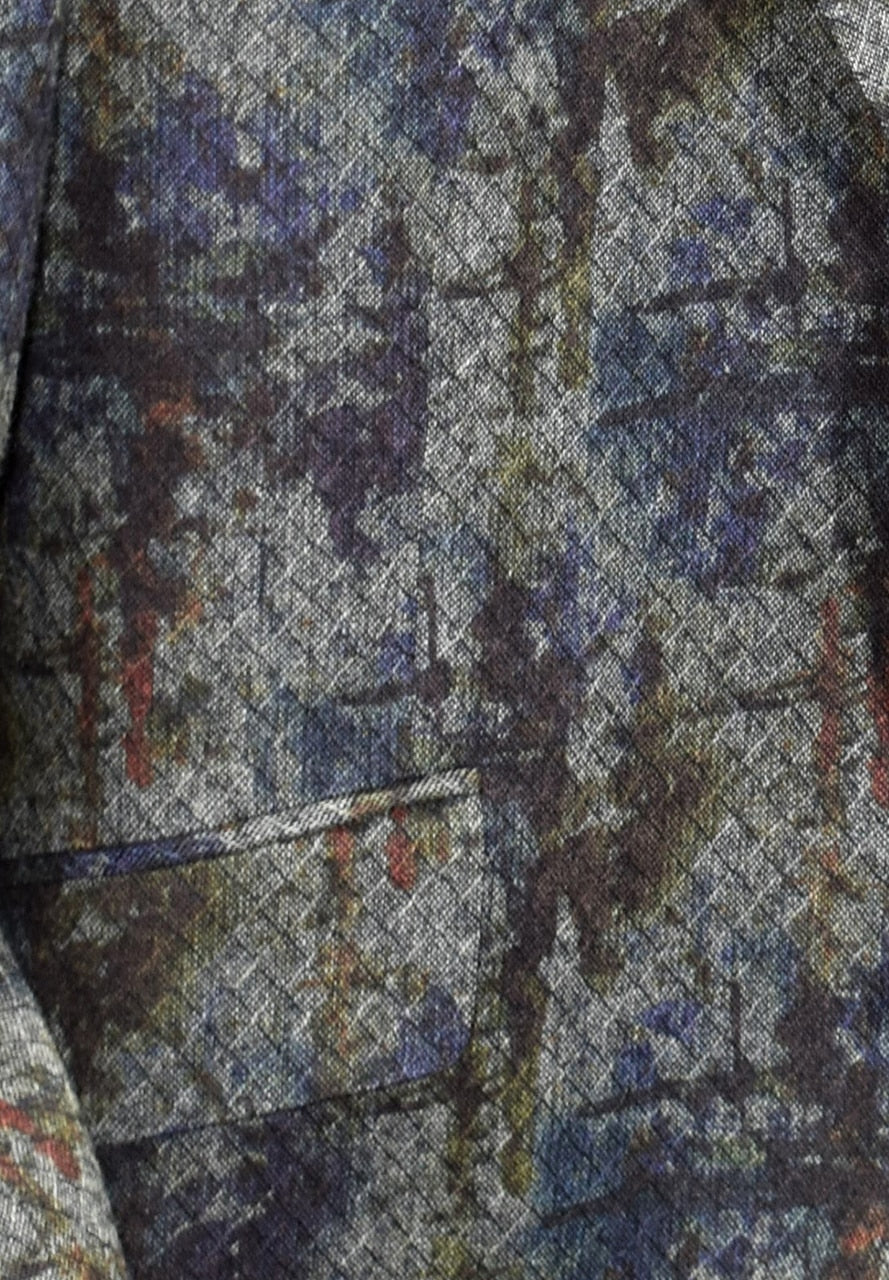 Graham abstract sport coat with denim and black tones to match perfectly with jeans or slacks. Shown with a Gionfriddo solid mock for an updated fashion look. Contemporary fit.