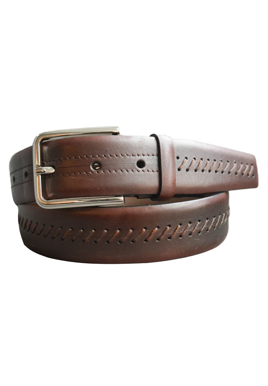 Featuring a soft leather detailed with raised saddle stitch workmanship along the center. Colors: Chocolate, Indigo  Leather Saddle Stitch Belt by Marcello Sport.  Classic belt colors work with any pant or jean. Accent raised stitch detailing adds style. Standard belt width. Cool and contemporary styling. Satin nickel finished buckle. Premium leather. Imported. Sizes 32-44.