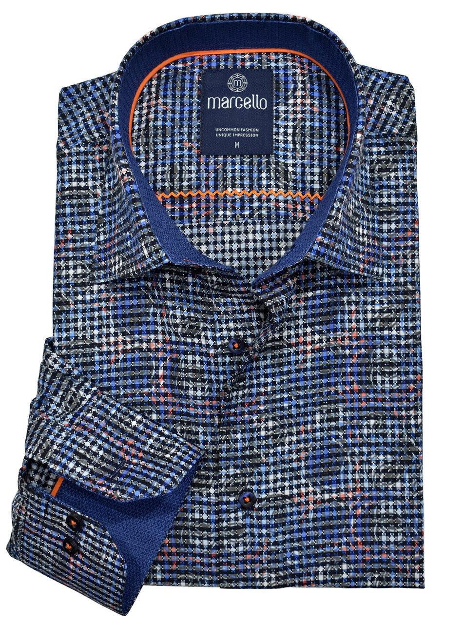 The perfect denim and black detailing make this Justin Harvey exclusive shirt a must have. Combining a neat diamond patterned fabric with an over print creates an exceptional shirt. Soft cotton blend fabric, sharp detailing and a classic fit.