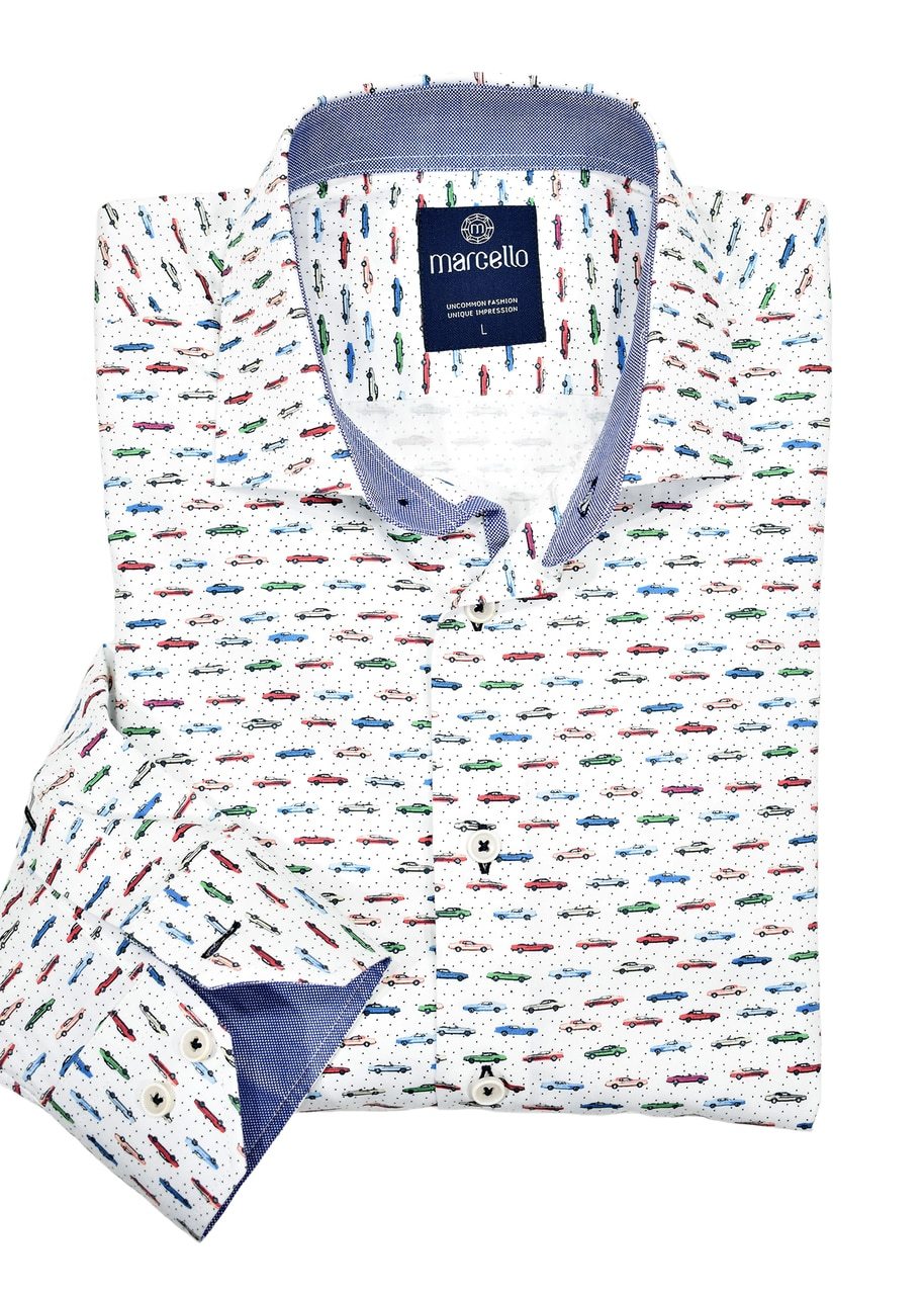Extra fine and soft cotton shirt with a neat array of mini cars printed allover. A simple and updated traditional shirt perfect to start a conversation. Medium collar, classic fit.
