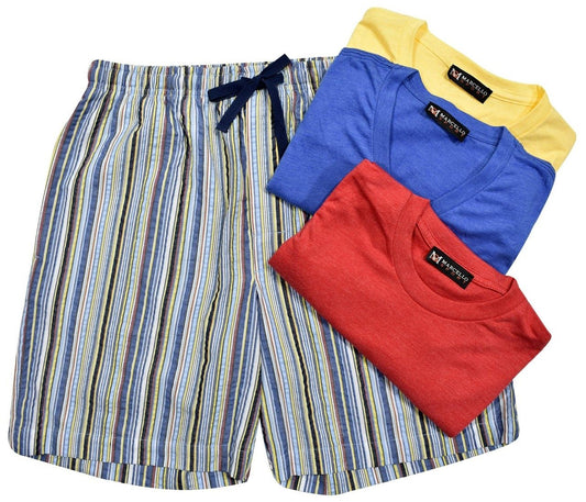 Casual and comfortable, the multi color seersucker short works well with our special performance tees. Classic short pockets and draw string. Choose your color tee or all three, in a v neck or crew neck model.  Seer Sucker Multi Color Short  Cotton with little lycra for stretch comfort.  Machine washable Button front top. Draw string pants.